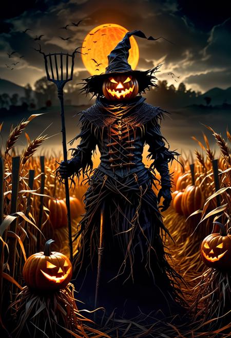 Dark Fantasy Art, Dark Moody Atmosphere, A menacing pumpkin-headed scarecrow looms in a moonlit cornfield, wielding a rusted pitchfork. Eerie orange light flickers within its carved grimace. Tattered robes billow in the autumn wind. Mystical runes glow on its straw-stuffed body, evoking ancient harvest rituals., dramatic, mysterious, dark moody atmosphere, dark, moody, dark fantasy style
