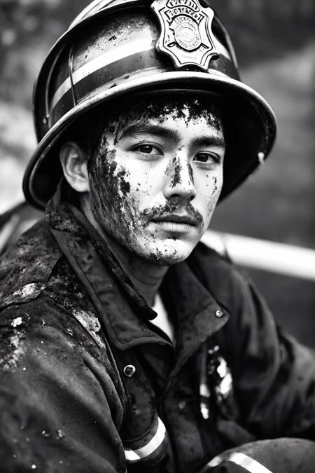 jp_style person,closeup b&w (photo)++ of a (tired)+ (firefighter)+ (filthy and covered in soot)+, sitting and leaning forward, upper body, skin pores, Kodak Tri-X 400tx, exhausted