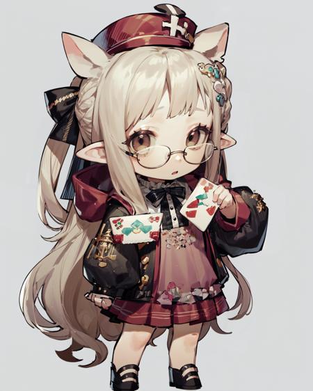 chibi, masterpiece, best quality, extremely detailed, detailed background, detailed face, parted bangs, 1girl, solo, long hair, white background, dress, holding, glasses, letter, full body, very long hair, simple background, envelope, bow, braid, hair bow, looking at viewer, pointy ears, standing, holding letter, hair ornament, long sleeves, pink dress, black footwear, green bow, grey hair, animal ears, hat, brown eyes, love letter, holding envelope  