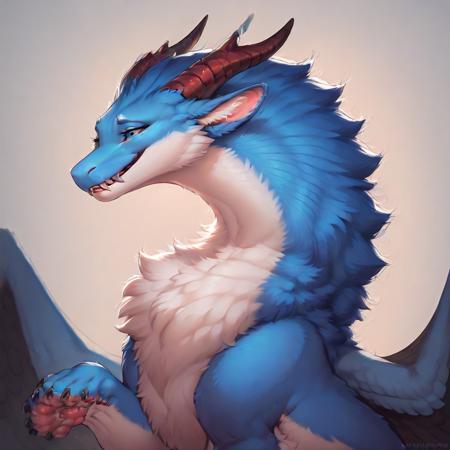 Darra furred dragon, female, white and blue fur, wings, horns, tail, chest fluff, paws, fangs, ton back, faded blue eyes