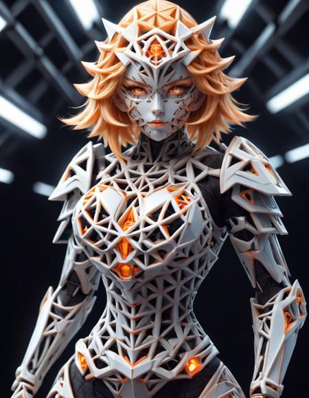 1girl, mecha suit, samurai face mask, menpo, upper body, underboob, portrait, white orange armor, blonde shimmering hair, 8K, RAW, best quality, masterpiece, ultra high res, colorful, (medium wide shot), (dynamic perspective), sharp focus , (depth of field, bokeh:1.3), extremely detailed eyes and face, beautiful detailed eyes,large breasts,black glowing reflective ral-pnrse surface, trimmed gear,In a futuristic weapons factory, ((masterpiece, best quality)), niji, from side, upper body, hips, ral-pnrse <lora:ral-pnrse:1>