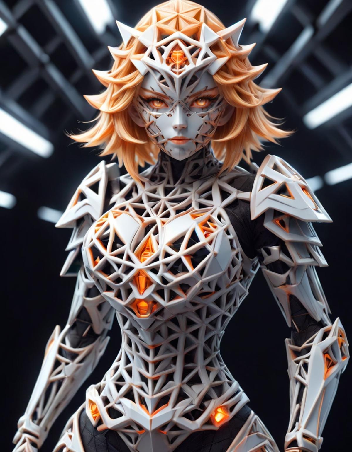 A 3D model of a woman with a unique armor design, including a helmet with orange eyes.