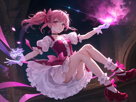 (masterpiece, best quality, ultra detailed,illustration,CG ,  hdr:1.2),
1girl, solo,madoka-v1  , looking at viewer,   dynamic angle , cinematic angle , depth of field , detailed and beautiful glow , detailed shadow ,  caustics,  ray tracing , bokeh , lens flare,
pink hair, gloves, white gloves, twintails, frilled socks, pink eyes, socks, frills, white socks, short sleeves, skirt, choker,white skirt, puffy short sleeves, puffy sleeves, bubble skirt, red footwear, frilled sleeves, short twintails, frilled skirt,ribbon, bow, soul gem, magical girl, leg ribbon, ankle ribbon, shoes, hair ribbon, parted lips, red choker, buttons, collarbone, pink theme, ribbon choker, pink ribbon, kneehighs, dot nose, blush, small breasts, light particles, hair bow, cross-laced footwear, hand up, breasts,
(delicate flowers and clouds, soft pink hue , whimsical and romantic atmosphere,fantasy and charm,sparkle :1.2 ) ,
<lora:madoka-000010:0.8>,