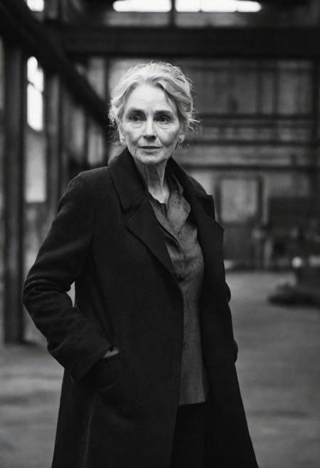 old woman, tyson_dayley <lora:tyson_dayley-08:0.75> , urban gritty location, posing in an industrial setting with steel beams,  Timothy tchalamet, natural lighting, dramatic directional lighting, bold confident mood, black and white Peter Lindbergh photography