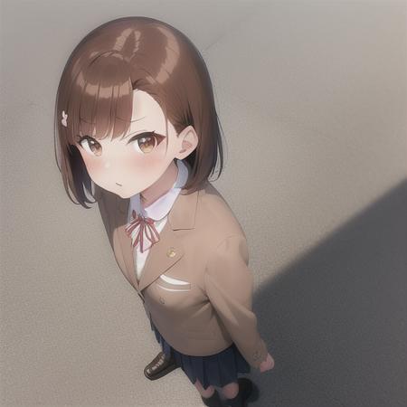 MisakaMikoto 1girl, blush, brown_eyes, brown_footwear, brown_hair, coin, electricity, eyebrows_visible_through_hair, (full_body:1.5), hair_ornament, loafers, looking_at_viewer, loose_socks, school_uniform, shirt, shoes, short_hair, shorts, shorts_under_skirt, skirt, smile, socks, solo, standing, sweater_vest, v-neck, white_legwear, white_shirt, tsundere, medium breasts