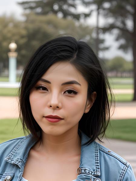 close-up portrait photo of ( 4nn44k4n4_V1-LoRA , (black hair)++ , ), (park in background)++, 8k uhd, high quality, dramatic, bokeh