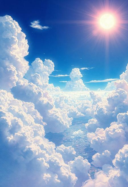 Vast anime-style sky with a massive textured cloud cover stretching across the entire scene, intricate structural cloud formations with detailed bumps and organic folds, scattered open gaps revealing patches of bright blue sky, cinematic view over a peaceful cityscape below, soft sunlight streaming through cloud breaks, pastel color palette (baby blue, soft white, light pink), highly detailed Ghibli-inspired artwork, hyper-realistic watercolor texture, dreamy and emotional atmosphere, 4K ultra-high resolution, sparkling sun in the upper-left corner with glittering rays shimmering through the clouds