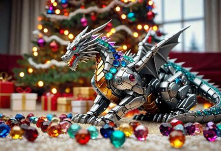 mecha dragon, siting next to a pile of colorful crystal gems, under a Christmas tree, complex robot, highly detailed clean, beautiful detailed intricate, 8K