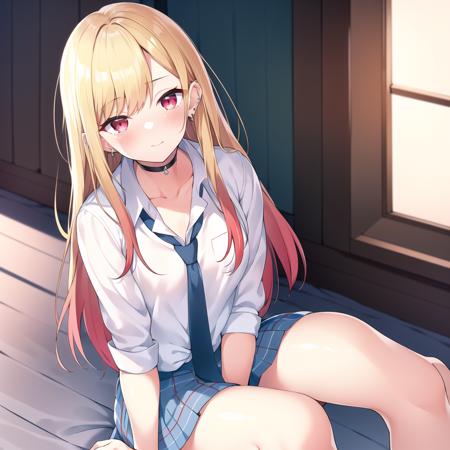 masterpiece, best quality,  <lyco:GoodHands-beta2:1.0>,  <lora:marinkitagawav1:0.6>, kitagawa marin, 1girl, blonde hair, long hair, multicolored hair, red eyes, jewelry, earrings, piercing, school uniform, white shirt, tied shirt, black choker, blue necktie, plaid skirt, indoors, inside, bedroom, sitting down, full body