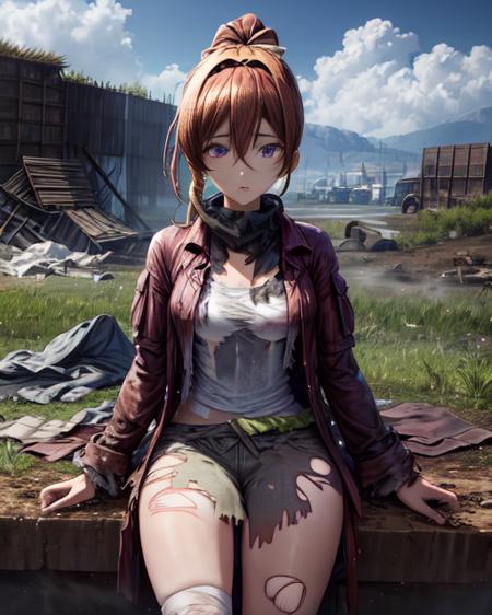 best quality, masterpiece, highres, detailed, perfect anatomy, <lora:Detail - add_detail:0.2>, <lyco:Traits - Rags:0.9>, RagClothing, dirty clothes, bandages, torn clothes,  <lora:DigiNene:0.8>, Amanene, high ponytail, split ponytail, yellow hairband, purple eyes, grass field, shocked,