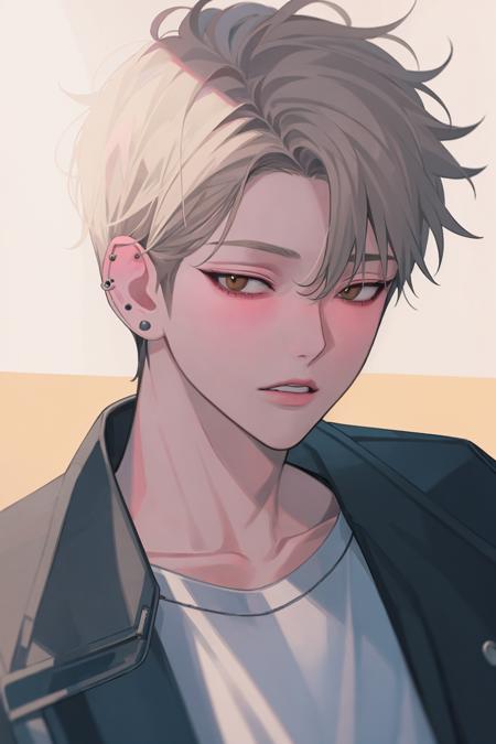 masterpiece, best quality, <lora:fstyle04-000005:1>,fstyle04, 1boy, male focus, solo, blonde hair, grey jacket, short hair, looking at viewer, shirt, earrings, jewelry, jacket, white shirt, parted lips, ear piercing, yellow background, upper body, piercing, portrait, bangs, collarbone, half-closed eyes, stud earrings, brown eyes