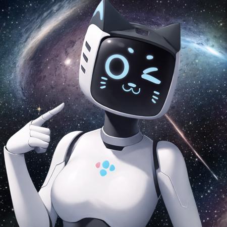 a beautiful and detailed portrait of kerfus,portrait,female, robot, wink,  smile, space background, sparkles,breasts, detailed background, abstract background, in space
 <lora:kerfusv1.4:1>