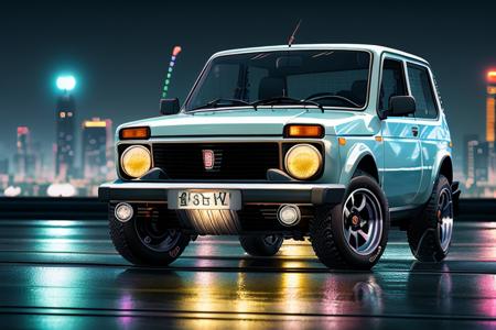 STANCE, masterpiece,best quality,official art,extremely detailed CG unity 8k wallpaper,illustration, light,car, bright, motor vehicle, ground vehicle, sports car, vehicle focus, road, ((need for speed)), moving, wet, (night, midnight:1.5), cyberpunk, tokyo,neon lights,drift,  <lora:VAZ2121:0.8>, (VAZ2121)