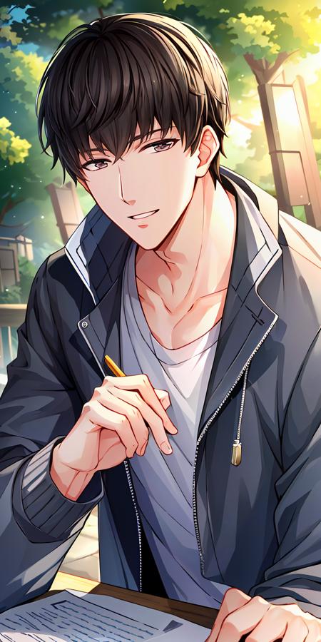 ((high_quality, distinct_image)), masterpiece, extremely_detailed_CG, overexposure, illustration, 1boy, solo focus, short hair, looking at viewer, handsome, beautiful_detailed_hair, outdoors, light smile, (full_body),black_Windbreaker, xumo