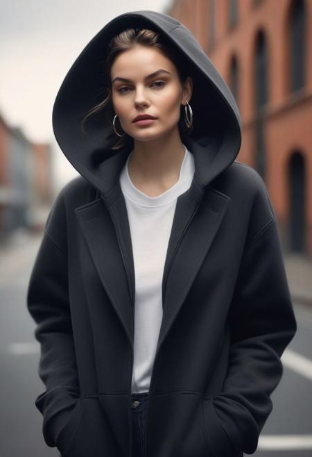 Parameters: 8k, hyper-realistic, cinematic quality, photorealistic, black-and-white photography, HDR, soft natural lighting, fine texture detail, editorial composition, urban casual atmosphere, matte finish.
Subject: Minimalist Grace, a female model with a short, tousled haircut wearing a graphic hoodie layered under an oversized tailored coat. She accessorizes with bold hoop earrings, her playful and candid expression captured as she adjusts her hood, exuding effortless charm and street-style sophistication.
Instructions: Create a black-and-white editorial portrait set in an urban street environment with a soft focus on the background. The composition should highlight the layers and textures of the outfit, blending casual and structured elements. Utilize natural, diffused lighting to emphasize the model’s joyful expression and the bold typography on the hoodie for a dynamic, relatable aesthetic.
Style Reference: Inspired by contemporary streetwear campaigns and urban fashion editorials, blending casual confidence with refined layering for a modern, approachable look.
Camera Settings: Canon EOS R5, 50mm f/1.8 lens, ISO 400, f/2.5 aperture, 1/250 shutter speed, natural soft lighting emphasizing details while maintaining a candid, authentic vibe.