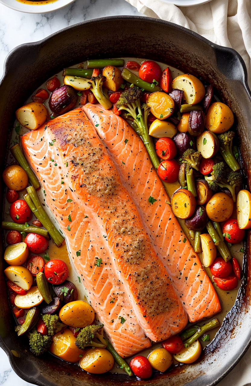 BAKED SALMON WITH A SIDE OF ROASTED VEGETABLES