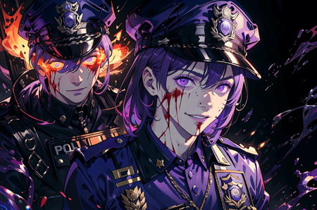 The_Man_Behind_The_Slaughter, Purple Outfit, police officer, hat, british, close up, upper body, burning smile, purple flames, bloody eyes, extreme emotion, dark lighting, caustics, masterpiece, absurdres, highly detailed, 