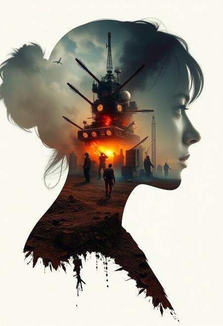 Abstract style dystopian future with elements of an apocalyptic war inside the silhouette of a woman’s head that is a double exposure photograph. Non-representational, colors and shapes, expression of feelings, imaginative, highly detailed, highest-Quality, 8 k, intricate details, visually stunning, Masterpiece