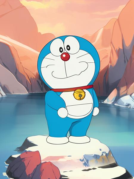 doraemon, blue,white pocket,neck bell, standing, collar, whiskers, male focus, full body, no humans, black eyes,  jingle bell, masterpiece, best quality, <lora:doraemon-V2:1>