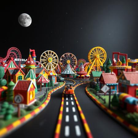 colorful clay amusement park, pov, clay town, claylike world, Claymation, black sky,  space,  wide roads, clay houses, clay dream world, clay Roller Coaster, clay Ferris Wheel, clay Train, clay road signs, clay park,