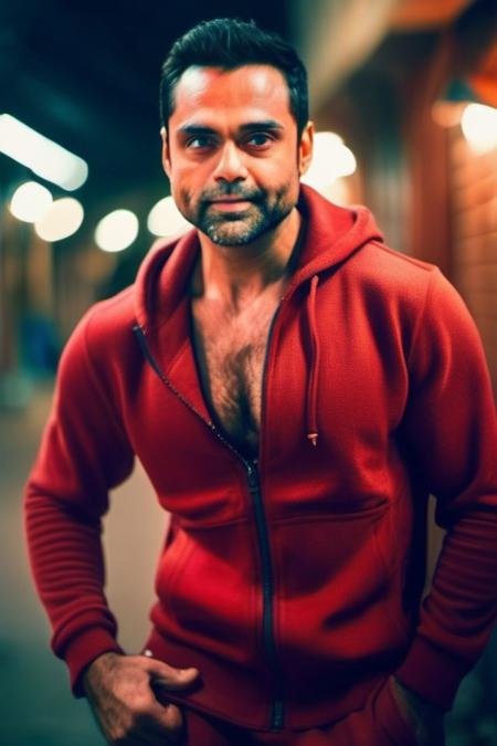 sacha dhawan a man <lora:Abhay-Deol_Sacha-Dhawan:1>, realistic photo in a worn ((red tracksuit, massive hairy pecs)), ((light bokeh)), intricate, (steel metal [rust]), elegant, sharp focus, photo by greg rutkowski, soft lighting, vibrant colors, (masterpiece), ((streets)), (detailed face), looking at viewer, light smile, night, walking towards viewer, cinematic lighting, beautiful lighting, cinematic lighting, (hazy filter, film grain:1.2)