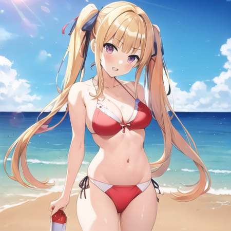 masterpiece, best quality, 1girl, blonde hair, twintails, hair ribbon, red bikini, sawamura spencer eriri, beach, <lora:qqq-sawamura_spencer_eriri-v1:0.7>