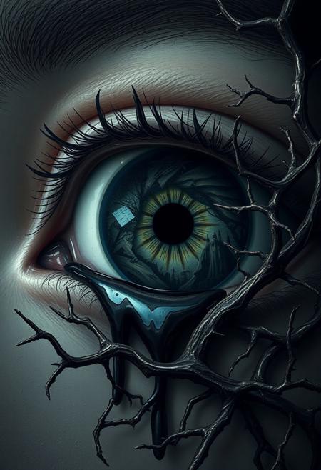 A single, opened eye stares out, its iris a swirling vortex of haunting imagery. The eye's insides are a dark, eerie realm, filled with twisted, nightmarish visions and macabre, gothic landscapes. As the eye begins to leak, the images spill out, like a pool of horror and nightmares, spreading across the surrounding surface. Nearby, a tangled, thorny vine seems to writhe and twist, as if alive, its dark, woody tendrils reaching out like skeletal fingers. Every detail of the scene is meticulously rendered, from the intricate, web-like patterns on the eye's surface to the delicate, glistening tears that well up in its corner. The overall effect is one of chilling, surreal dread, as if the very fabric of reality is being torn apart by the horrors that lurk within. highest-Quality, intricate details, visually stunning, Masterpiece
