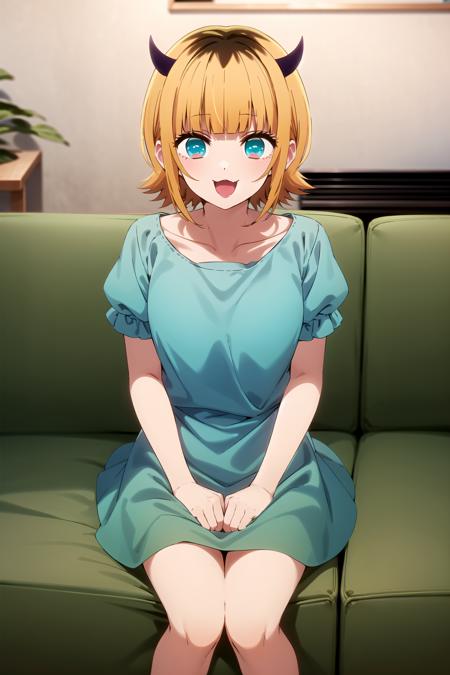 best quality, masterpiece, detailed,
<lora:OshiNoKo_MEMcho:0.8>, memcho,
open mouth, :3, happy,
short hair, blonde hair, multicolored hair, aqua eyes, blunt bangs, horns,
aqua dress, collarbone, puffy sleeves, short sleeves,
sitting, on couch, looking at the viewer,
indoors