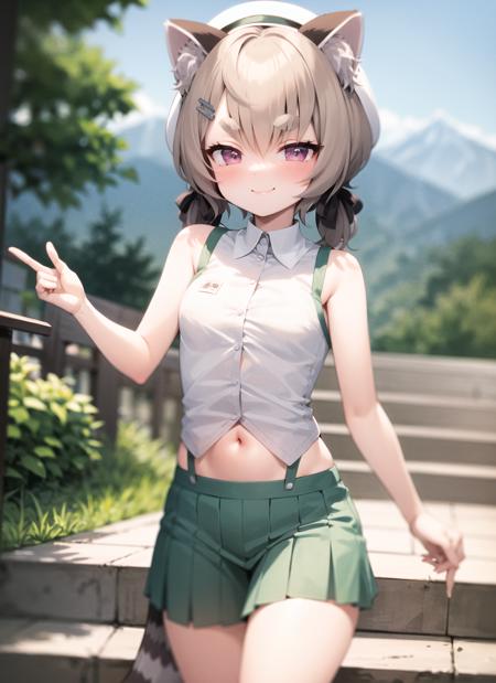 <lyco:panko1-000008:1.0>, pankodef, thick eyebrows, standing, midriff, skirt, smile, blush, outdoors, day, simple background, blue sky, sky, temple, looking at viewer, stairs, mountain, moody lighting, facing viewer,