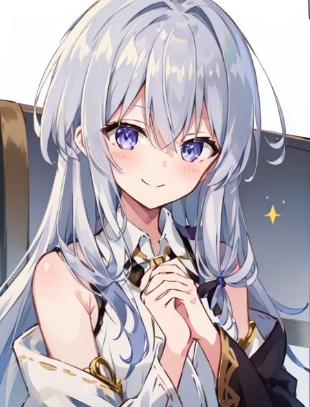 1girl, solo, long hair, facing forward, blush, smile, bangs, blue eyes, simple background, shirt, white background, hair between eyes, bare shoulders, jewelry, closed mouth, white shirt, upper body, ahoge, sleeveless, shiny, collared shirt, shiny hair, sleeveless shirt, portrait, clenched hands, elaina \(majo no tabitabi\), <lora:Elaina_v5_e10_768:1>