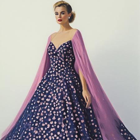 A vibrant abstract dario painting of a, light-skinned woman, likely in her twenty, is featured in a fashion editorial. She is positioned slightly off-center to the left side of the image.  Her pose is dynamic, with a slight turn of the body, and her head is tilted slightly upward. She is wearing a long, flowing gown with a dramatic, magenta-toned cape-like overlay that drapes around her. The gown itself is a white-and-black patterned design, featuring intricate, detailed floral motifs in shades of deep pink and red. The dress appears to be made of a shimmering fabric, with an interesting mosaic-like texture in the white sections. The fabric and patterns of the dress evoke a sense of rich craftsmanship. Her hair is styled in a high, voluminous 1950s-inspired bouffant. Her facial expression is neutral and elegant. The background is a dark, almost navy blue, creating a stark contrast with the vibrant colors of the dress and cape. The lighting is dramatic and highlights the woman's features and the design details of her gown, which captures a sense of motion and fluidity. The overall style is fashion-forward and sophisticated, suggestive of a high-end fashion magazine shoot.