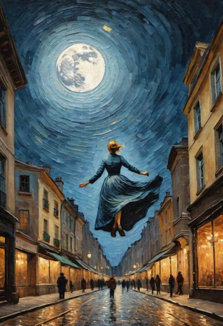 impressionist painting by Van Gogh, very rough painting with visible paint strokes, (dynamic_angle), view from below,
woman with flowing skirts flying between buildings, levitating, clothes like midnight full of stars, Night light, sharp shadows, moon lit, 
looking out over city, European city landscape, old winding roads, dystopian city, crowds of people, 
standing high above stret, illustration,