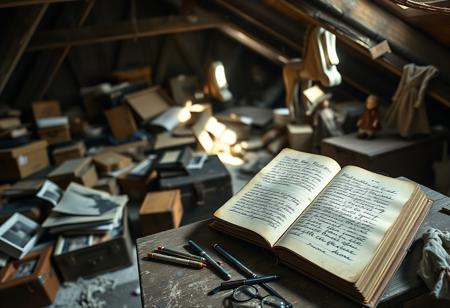 Dusty Attic Retreat
Taken with a Phase One XF IQ4 150MP, the scene emphasizes soft-focus effects and natural light leaks creating a beautifully haunting atmosphere.
Forgotten boxes, faded photographs, and childhood keepsakes are piled carelessly among dusty beams. An open journal, its brittle pages filled with handwriting, rests on a makeshift desk beneath scattered pens and dusty reading glasses. A childhood rocking horse stands abandoned, casting long shadows under diffused sunlight. The attic air, thick with dust and nostalgia, evokes quiet reflection. Old suitcases, vintage garments draped loosely, and a cracked porcelain doll further enhance the melancholy charm of this hidden refuge.