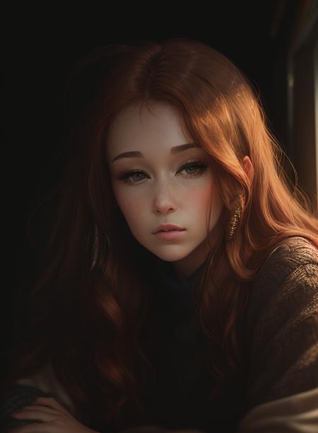 closeup, portrait, LeannaDecker, ((wearing sweater)), inside, portrait, kitchen, holding coffee mug, winter fire, eyes open, best quality, upper body, by lee jeffries nikon d850 film stock photograph 4 kodak 400 camera f1.6 lens rich colors hyper realistic lifelike texture natural lighting unreal engine trending on artstation cinestill 800, (100mm lens), long hair,
red hair <lora:Leanna Decker:1>