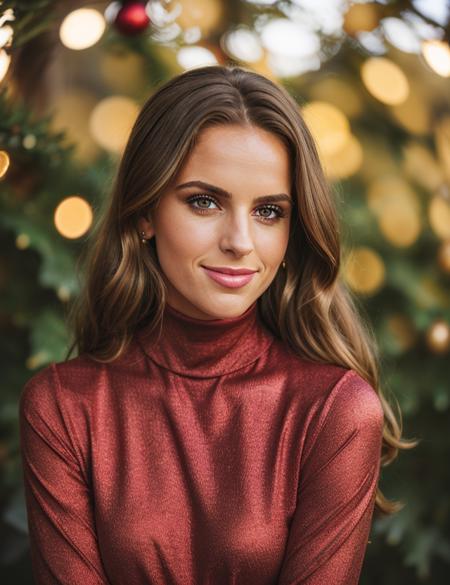 photo of (is4b3l) woman, ((close portrait photo)), RAW, nature, Spectacular light, Christmas Turtleneck dress, Colorful flowering, 8k, soft lighting, high quality, film grain, Olympus OM1 sharp focus, f 3.4, (eye shadow), (eyeliner), (seductive pose), upper body, smile, breast, Christmas, Christmas decorations