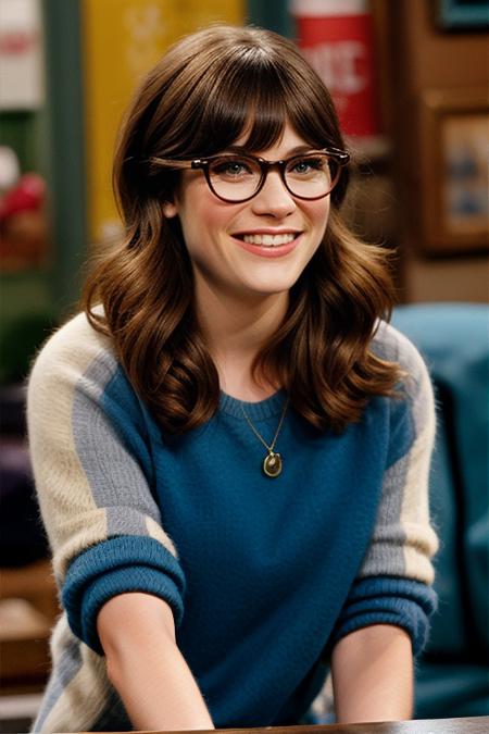 a still frame of Z00eyD on a sitcom, a woman, hipster dress, glasses, smile