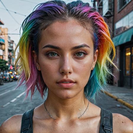 epic realistic, DV_Karah_Vicious, cyberpunk lanscape, ultra realistic, cinematic lighting, ultra detailed, detailed gorgeous face, beautiful girl, olive skin, medium length rainbow hair, simetric face, good anatomy, deusamelada, (Masterpiece:1. 3), (best quality:1. 3), <lora:add_detail:0. 4> <lora:epi_noiseoffset2:0. 4> <lora:hairdetailer:0. 6> <lora:more_details:0. 3> <lora:add-detail-xl:1. 2> <lora:DetailedEyes_V3:1. 2> <lora:sd_xl_offset_example-lora_1. 0:1. 2>, (natural skin texture, hyperrealism, soft light, muted colors), background, rutkowski, rim light