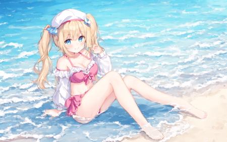 1 Girl, single person, long hair,blond hair,Pigtail,separated sleeves,hat,shore,beach,frilled_bikini,sleeves,smile,casual,full body,(big breasts),legs in water,blue_eyes,sitting