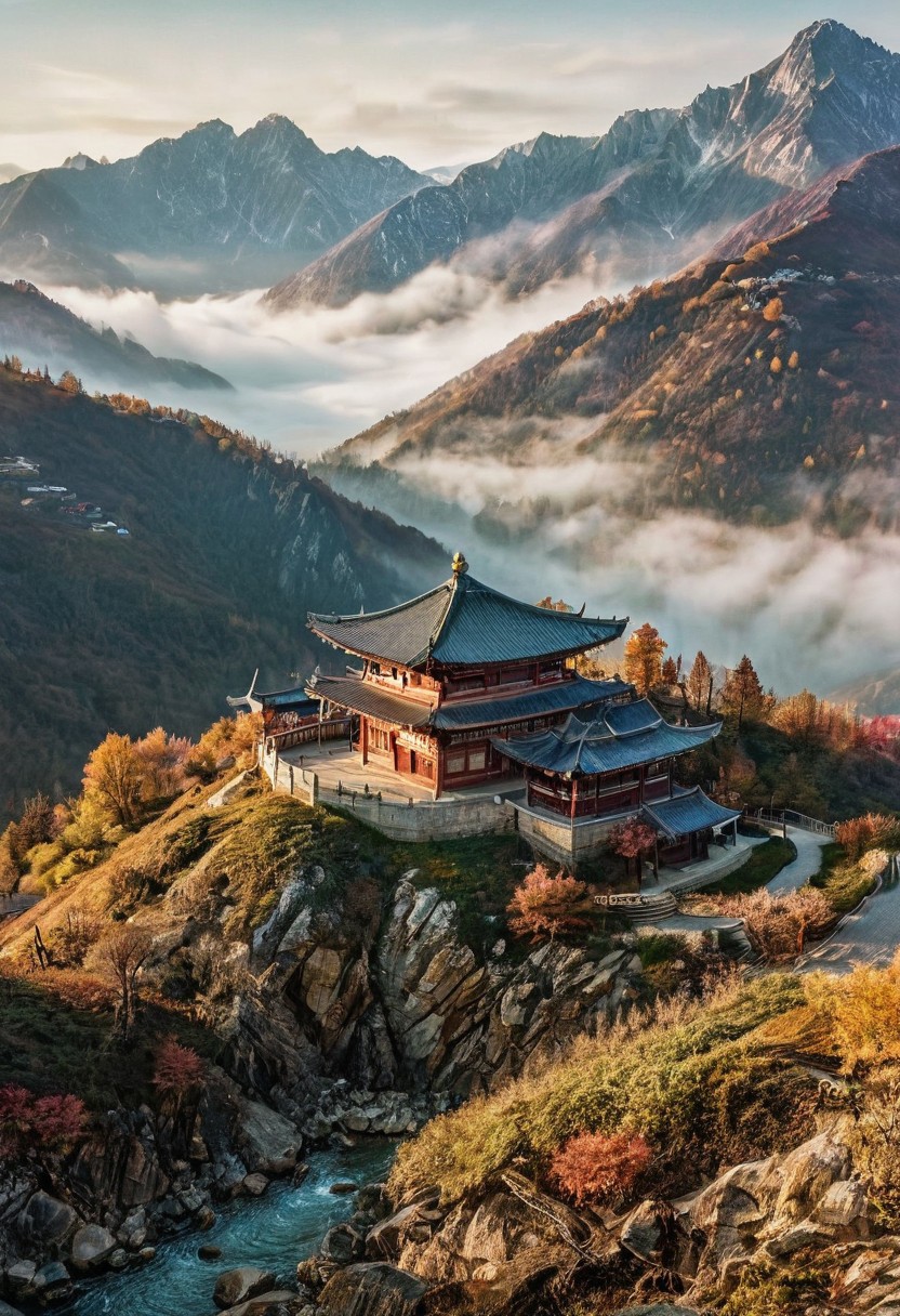 their peaks veiled in mist. mixed media, surrealism, great lighting, A surreal landscape highly detailed . extremely high-resolution details,  appears trapped in an optical illusion of reflections and refractions colorful , mountains and Korean village in Korea, professional photography, natural lighting, volumetric lighting maximalist. intricately detailed, complex, elegant, expansive, fantastical, film photography style,  medium grain