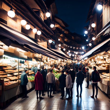 photo, a group of people standing around a market at night  (Marketplace style:1) <lora:djzMarketplaceV21:1>