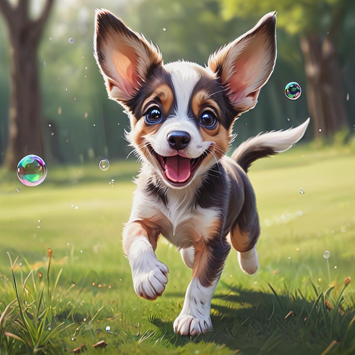 Adorable Corgi Dog Running in Field with Bubbles and Smiling