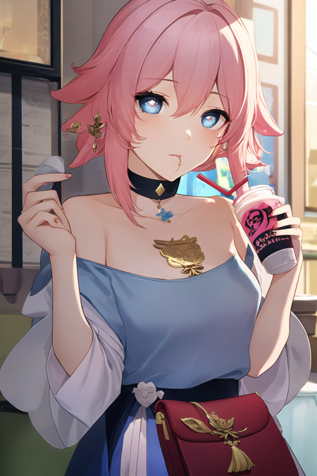 <lora:Anime_Style-10:1> 1girl, solo, looking at viewer, short hair, bangs, blue eyes, skirt,  hair ornament, long sleeves,  holding, bare shoulders, jewelry, white hair, heart, earrings, choker, off shoulder, bag, nail polish, cup, blue skirt, symbol-shaped pupils, black choker, heart-shaped pupils, piercing, ear piercing, holding cup, pink shirt, drinking straw, handbag, drinking, disposable cup, Yae Miko, (Genshin Impact)