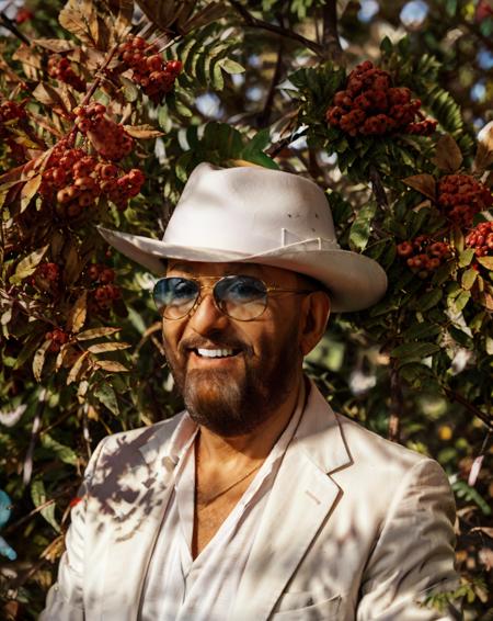 shufutinskiy man standing in white blazer, hat, bald, sunglasses, smile, look in camera, autumn leaves, (ryabina branch and small red berries:0.8) on background, medium shot, (close up:0.7), kodak portra 400, film grain, muted colors, dramatic lighting, bokeh <lora:3rd_september_v1:1.0> <lora:AdvancedEnhancer:1.0>