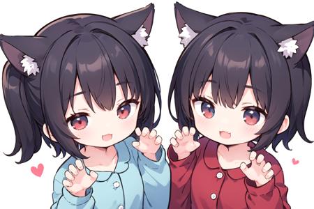 2girls, close-up, (claw pose:1.1), pajamas, wide sleeves, puffy sleeves, :3, half-closed eyes, short hair, animal ears, medium shot, red eyes, blue eyes, white background, red eyes, (arms behind back:1.1), :d