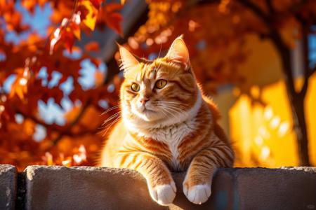 orange tabby cat,looking at camera,resting on yellow wall,autumn,blurred red leaves background,warm colors,golden hour lighting,outdoor setting,calm expression,animal close-up,peaceful,nature,vibrant colors,clear focus on cat,shallow depth of field,bokeh effect,