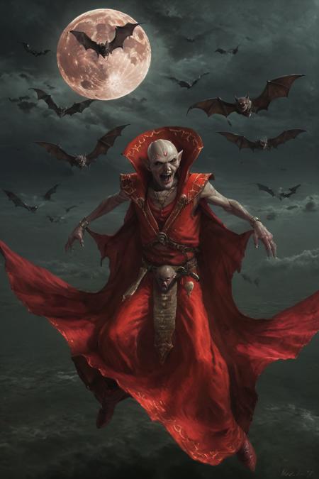 photorealism, night, blood moon, flying bats, w4lkh1r4htep waldakir rahtep, bald old male levitating in the sky, monster, arms spread, flowing cape, wrinkles, sharp teeth, sunken eyes, sunken cheeks, red robe, high collar, crown, bracelet, <lora:Waldakir Rahtep, Necrach Vampire_epoch_18:0.8>, intricate details, high resolution,