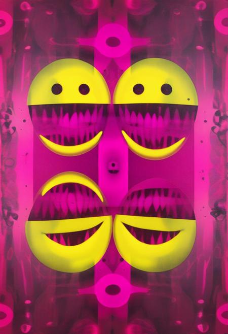 shocking pink & yellow acid smiley faces superimposed over textured mirror plating, humans background, double exposure photography, post processing, bohemian, Avant-garde surrealism, abstract dadaism, absolutely mental x-ray image, deconstructed faces, surreal, punk style