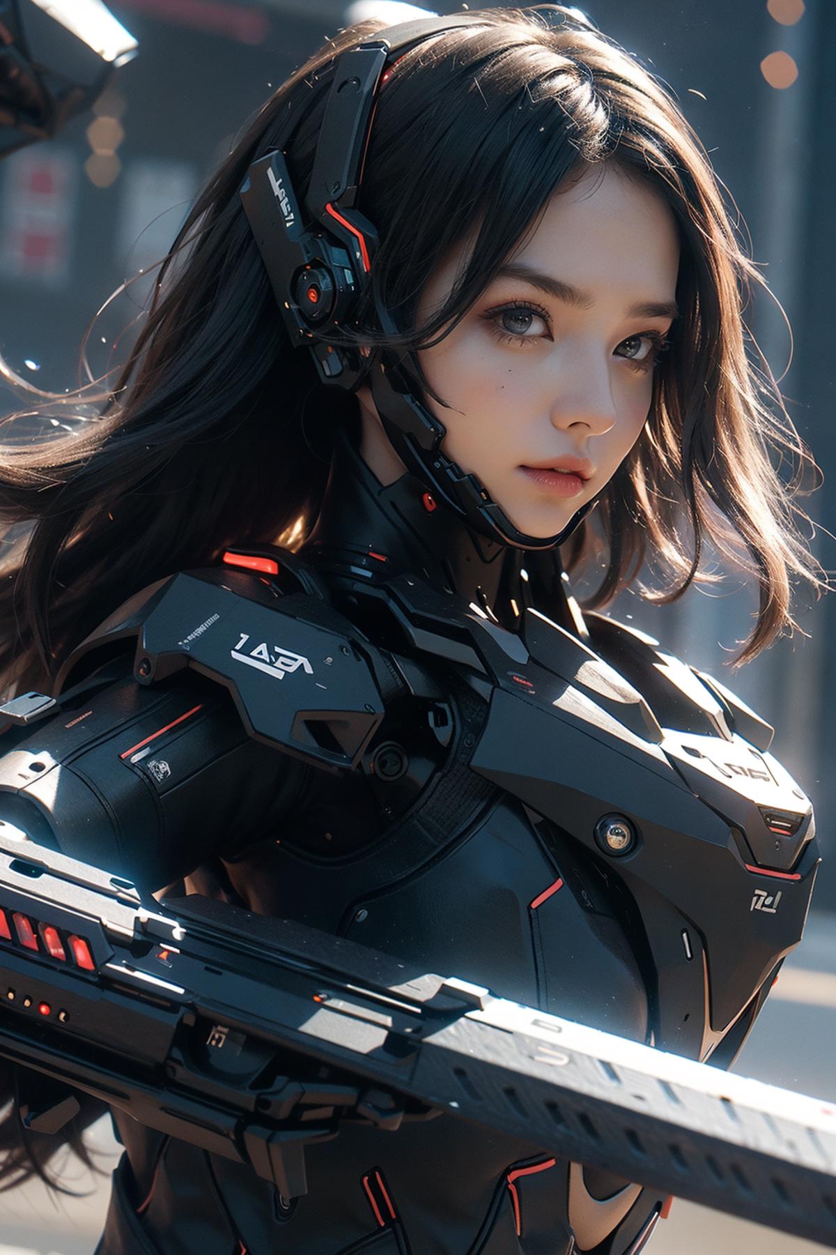 Anime-style woman wearing futuristic armor and holding a weapon.