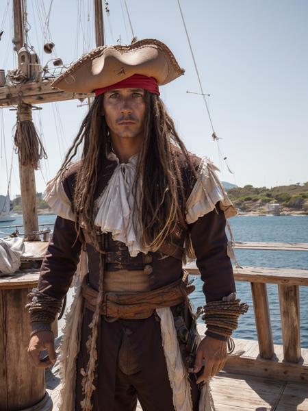 a photo of a mate on a ship,  wearing a small tricorn hat with feathers on it, pet shirt, jacket, belt, bandolier, dreads <lora:p1r4t3s_v6:0.85>
