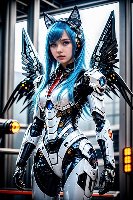 <lora:AgainCyberpunkArmor:0.8>,18 y.o, cuite face, 1girl, long hair, solo, blue hair, blue eyes, portrait, very long hair, looking at viewer, standing, animal ears, breasts, mechanical arms, science fiction, cyborg, necktie, chibi, wings,